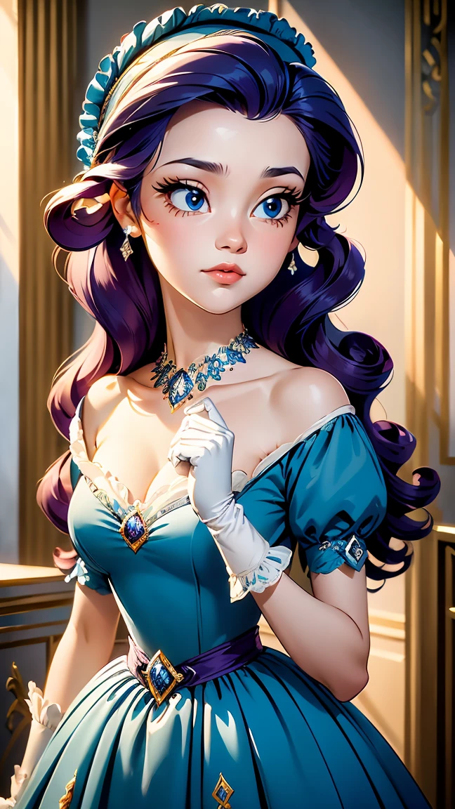 ((masterpiece)), ((Best Quality)), (detailed), perfect, Alone, rarity, beautiful woman, delicious lips, deep neckline, sexy, purple hair, blue eyes, (((regency dress))), ((high empire waist)), ((square neckline)), bonnet, puffy sleeves, (short, (tightly curled hair,), long elbow length white gloves, short sleeves, 
