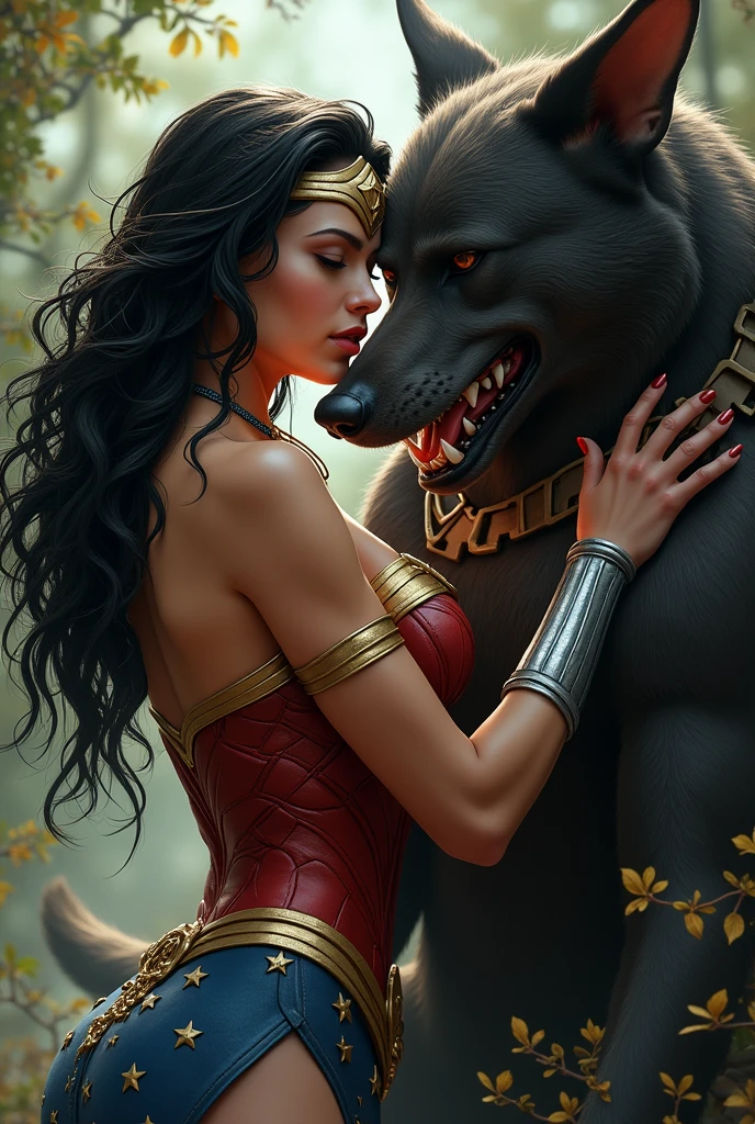 Wolfman and wonder wonder woman in a sexy pose, dc comics art style, wonder woman in red boots