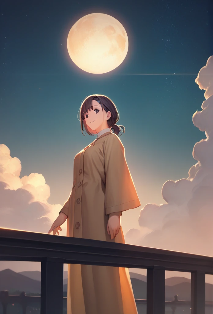 Score_9, Score_8_up, Score_7_up, One girl,smile,  Hirokazu Koyama ,The background is the moon,Cowboy Shot, star-rail-kafka,Anatomically correct, masterpiece, 