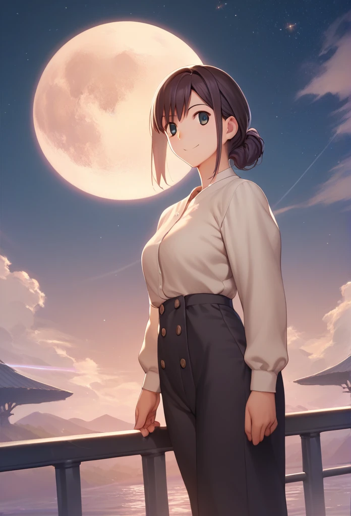 Score_9, Score_8_up, Score_7_up, One girl,smile,  Hirokazu Koyama ,The background is the moon,Cowboy Shot, star-rail-kafka,Anatomically correct, masterpiece, 