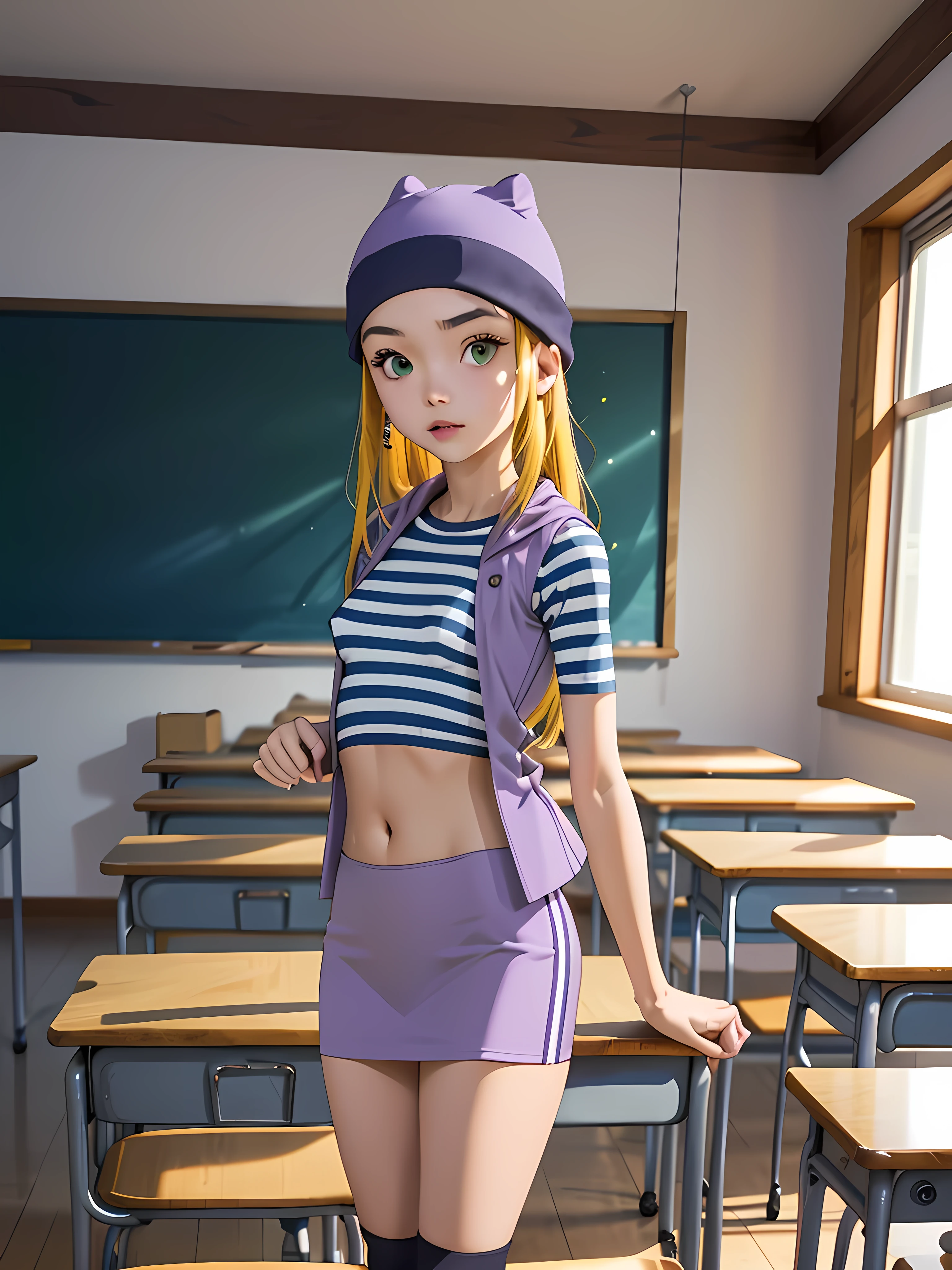 (masterpiece, best quality), 1girl, izumi Orimoto, indoors, classroom, green eyes, blonde hair, long hair, purple beanie, purple vest, purple miniskirt, blue white striped shirt, long purple socks, purple vest, striped shirt, navel shirt, small  size breast. skirt lift