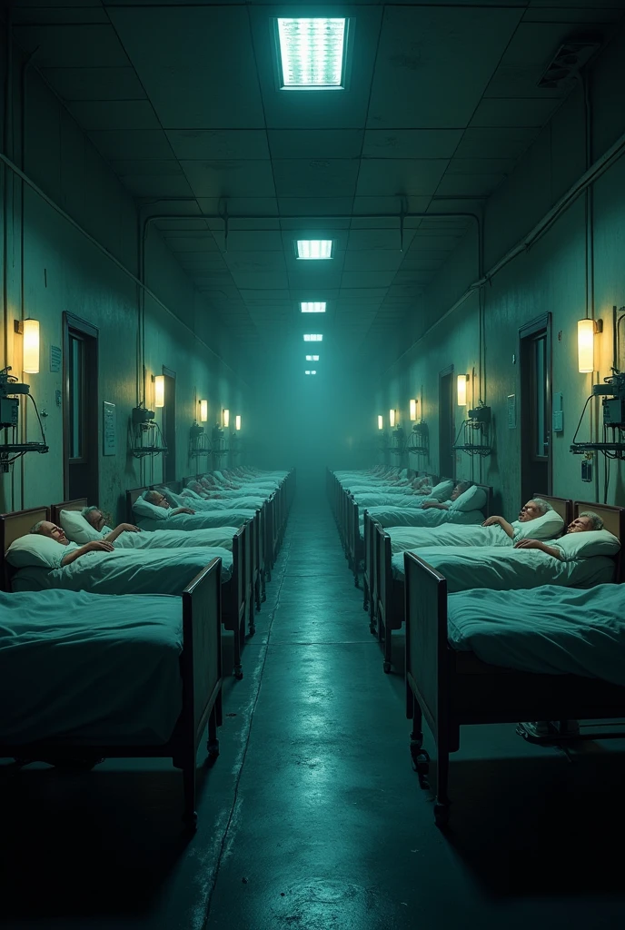 Hospital beds lined up occupied by indistinct figures with white sheets on top with blood stains