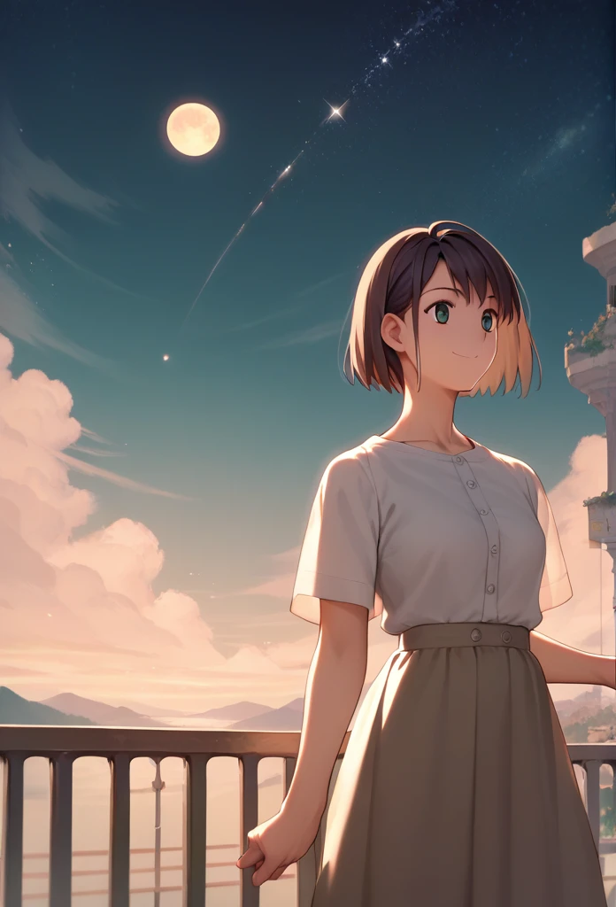 Score_9, Score_8_up, Score_7_up, One girl,smile,  Hirokazu Koyama ,The background is the moon,Cowboy Shot, star-rail-kafka,Anatomically correct, masterpiece, 