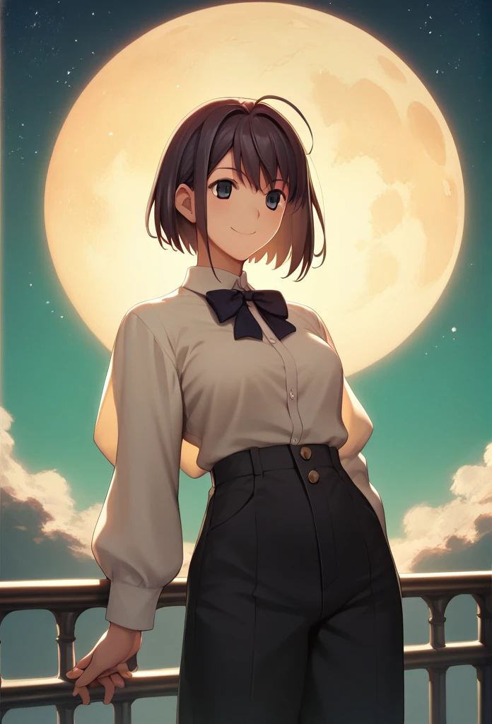 Score_9, Score_8_up, Score_7_up, One girl,smile,  Hirokazu Koyama ,The background is the moon,Cowboy Shot, star-rail-kafka,Anatomically correct, masterpiece, 