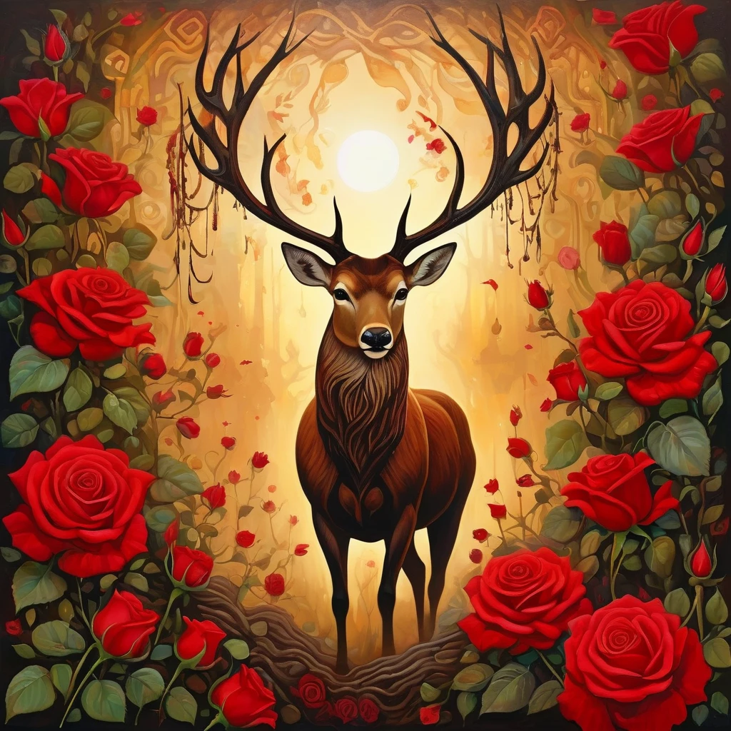 An artistic depiction of the Root Chakra, featuring a vibrant red rose blooming with intense energy. The scene is set underground with dark, rich soil, symbolizing stability and grounding. A majestic deer, representing strength and grace, stands beside the rose, its antlers glowing with energy. The atmosphere is serene, with rays of light subtly illuminating the rose and deer, surrounded by red flowers, all harmonizing to evoke feelings of safety, power, and connection to the earth.