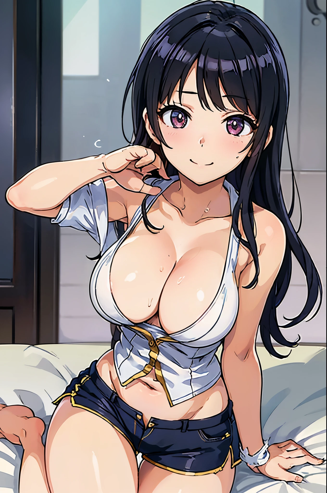 (masterpiece, Highest quality), One girl, Nozomi Tojo,Nozomi,Huge breasts,sexy ,,sweating,No sleeve,The audience watching,smile,,,barefoot,high-waisted shorts,Thigh Gap,Black gloves,Ecstasy face,Close one eye