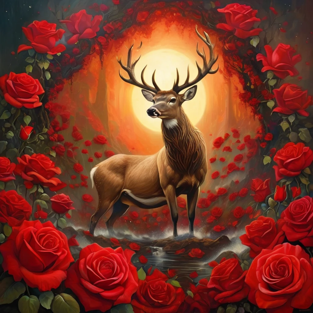 An artistic depiction of the Root Chakra, featuring a vibrant red rose blooming with intense energy. The scene is set underground with dark, rich soil, symbolizing stability and grounding. A majestic deer, representing strength and grace, stands beside the rose, its antlers glowing with energy. The atmosphere is serene, with rays of light subtly illuminating the rose and deer, surrounded by red flowers, all harmonizing to evoke feelings of safety, power, and connection to the earth.