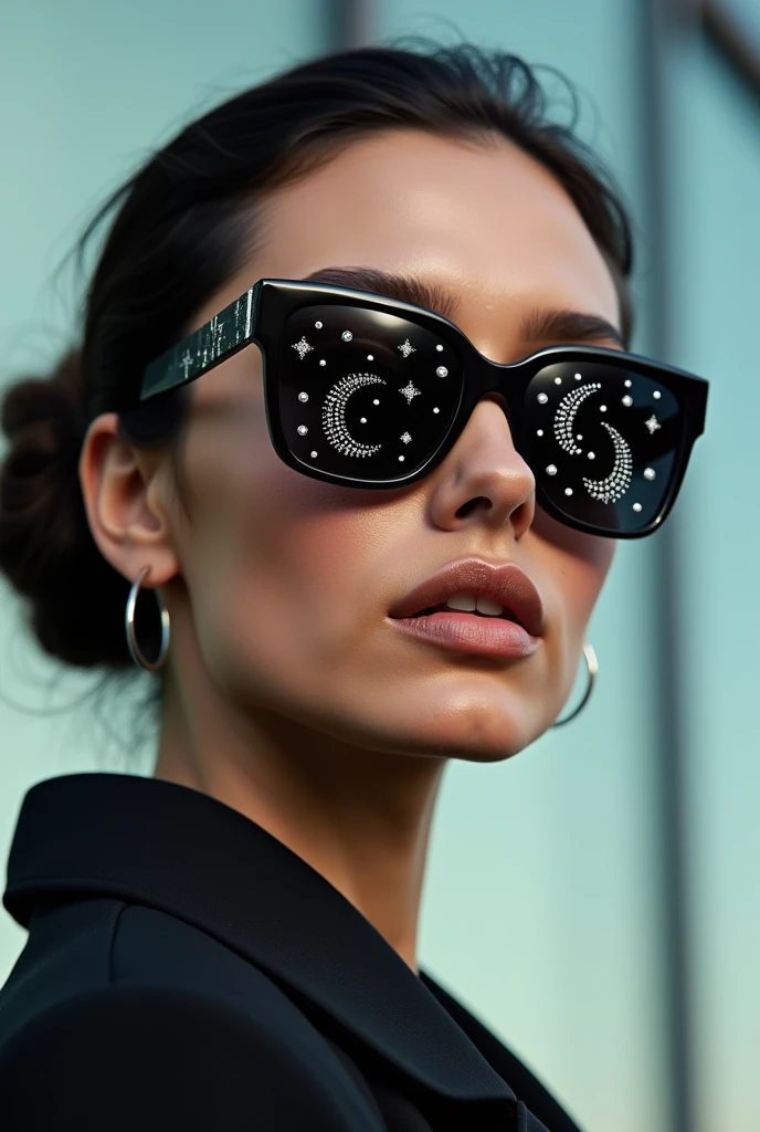 The model is wearing glass sunglasses with stars and the moon on the glass