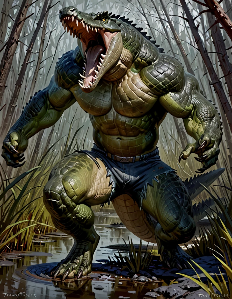 Male crocodile anthro, by taran fiddler, grayscale, torn shorts, pecs, swamp, roaring, reptilian eyes, badass