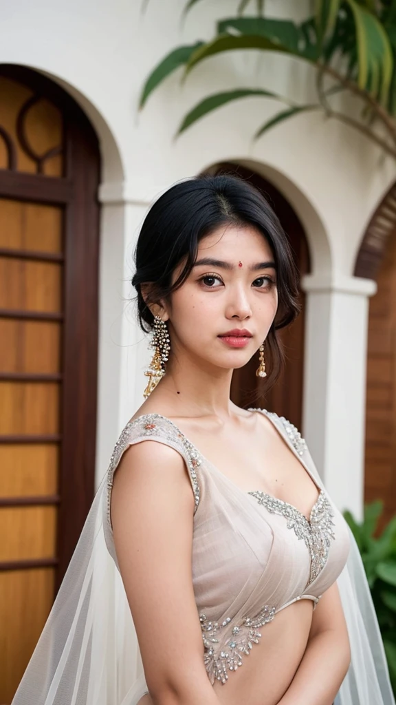 ((top-quality、masterpiece、photographrealistic:1.4、8K))、Beautuful Women、full body Esbian、sixteen years old、delicate and beautiful face、The Great Noble Lady of India、(Women in Southeast Asia)、(Indian style luxury saris and headdress)、Luxury accessories、Saree、Beautiful lighting、Textured skin、Super Detail、high detailing、High quality、hight resolution、(Stroll through beautiful Indian-style gardens。Indian castle on background)、florals、The tree々、Elegant smile、(looking at the viewers)