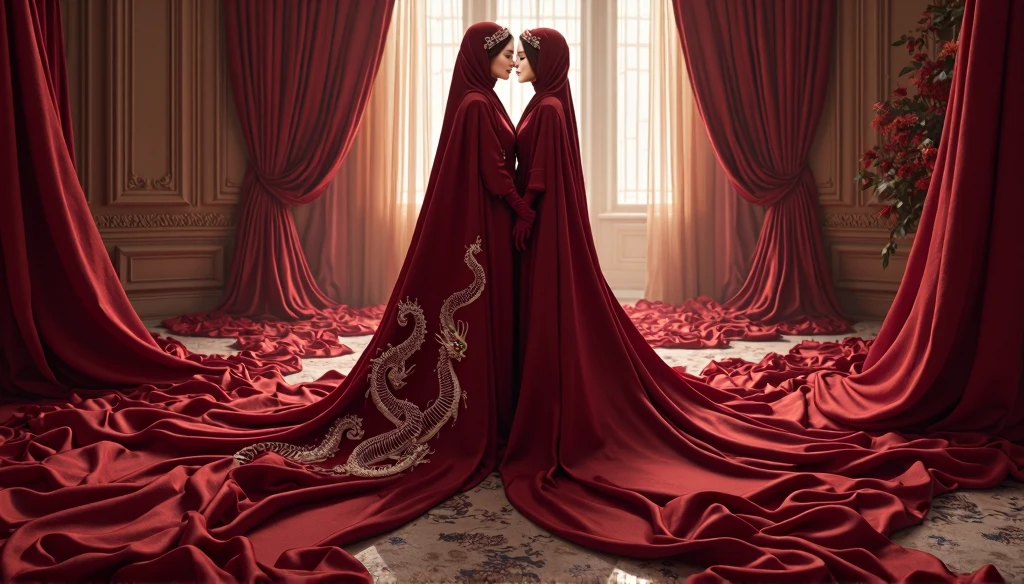 Two woman in the translucent night gown, half naked, nipple on, full body hanging on a rope,tied with red satin rope,wearing satin hijab, full body,mermaid tight long gown, flowy dramatic long gown,very long flor length gown, tall women, sexy face, sexy pose, wear high heels, hyper realistic,masterpice 
