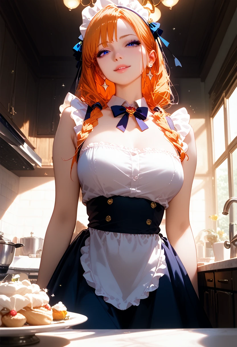 One girl, Dressed in a Maid Costume, Sexy and Charming, flirting, makeup, temptation, curvy shapes, standing in the kitchen, small details, There are wonderful dishes prepared on the table, Sparkles and Glitters, Warm Gentle Light Falls On The Whole Picture, masterpiece, bright colors, Full Detailing, complex picture, A game of shadows, Soft Nice Colors, Maximum Quality, Very Colorful Composition, core_9, score_8_up, score_7_up, dramatic lighting, highly detailed, high budget, bokeh, cinemascope, moody, epic, gorgeous, film grain, grainy, masterpiece, best quality, perfect anatomy, very aesthetic, official art, 8k,
