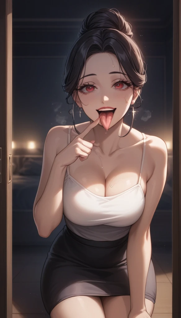 masterpiece, High resolution, Beautiful details, White camisole, Black Skirt, Mature Woman:1.4, Sexy smile, Long black hair, Red eyes, big_chest, Updo, night、深night、night這い、(Glamorous pink style bedroom、Dark Room、、A room with the lights off、Love Hotel:1.8), Blowjob gestures、(steam,sweat,Vulgar, Open your legs and invite me)、Stick out your tongue and lick your fingers、Ahegao, Red lips, get drunk, A seductive smile, Long Tongue, excited, The whole face becomes red, Long eyelashes, Teardrop, Tongue out, Fatty face, 