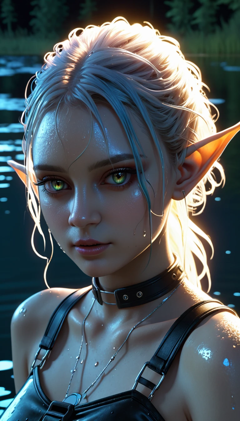 beautiful female elf，Beautiful，moonlight，lake water，wet，transparent，Real light and shadow contrast，Realistic ray tracing，True light falloff，anti-aesthetic style，Poodlepunk, cyberpunk ，Snapshot aesthetic style 