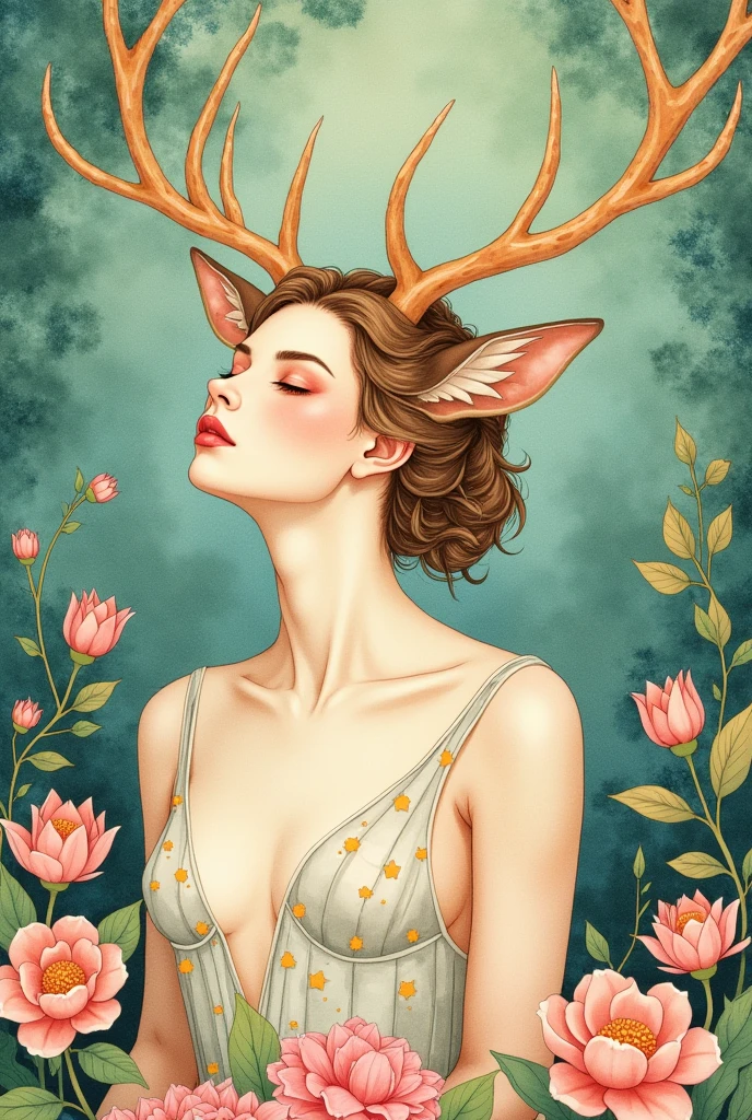 ((masterpiece)), (best quality), (ish), Art Nouveau watercolor painting , moon goddess , Big breasts,robe,thong,Show your neck,bare shoulders,Show belly button,camel toe exposed,big eyes, long, thick eyelashes, plump lips, dark red eyes, hair long and thick, high ponytail, chubby, flowery_background, Intricate designs and patterns in the style of Alphonse Mucha.from behind(extremely exquisite:1.1), (perfect details: 1.1), masterpiece, high quality, high resolution, Detail enhancement, 8k, HD, masterpiece, better quality, high quality, high resolution, Detail enhancement