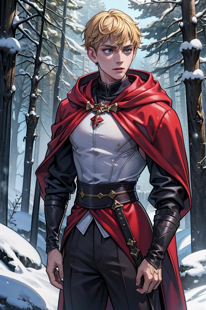 A young man with blond hair, light blue eyes, long eyelashes and freckles wearing a red hooded cloak, a black leather medieval assassin's outfit and a dagger hanging from a scabbard, standing in a snowy forest, red fleur-de-lis, background (best quality,4k,8k,highres,masterpiece:1. 2),ultra-detailed,(realistic,photorealistic,photo-realistic:1.37),portrait,fantasy,chiaroscuro lighting,dramatic lighting,moody,cinematic.