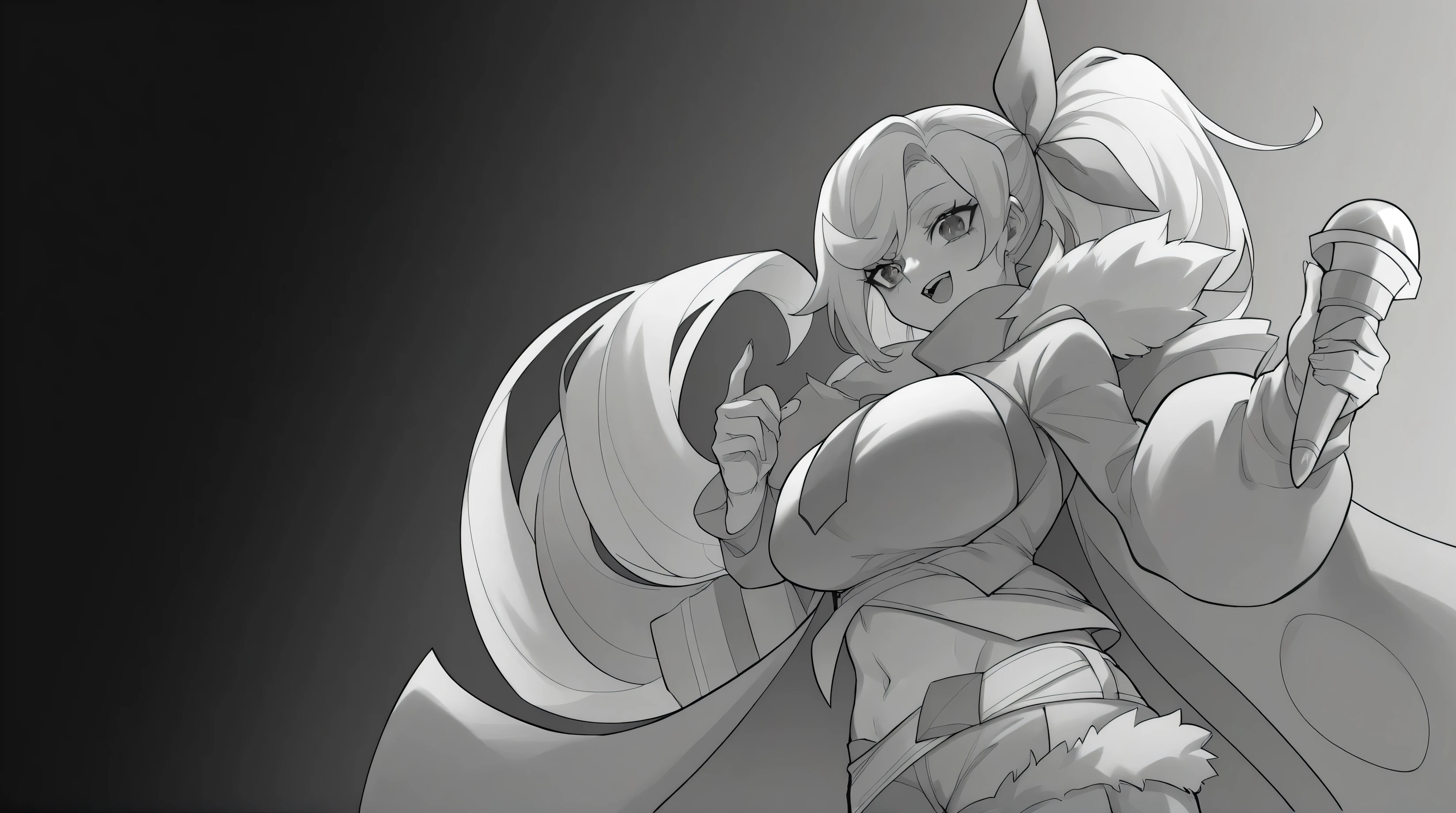masterpiece, (best quality), by buerq,1girl, antennae, arthropod_girl, breast_hold, breasts, crossed_arms, eyewear_on_head, greyscale, hair_over_one_eye, halo, large_breasts, monochrome, simple_background, sketch, solo, sunglasses