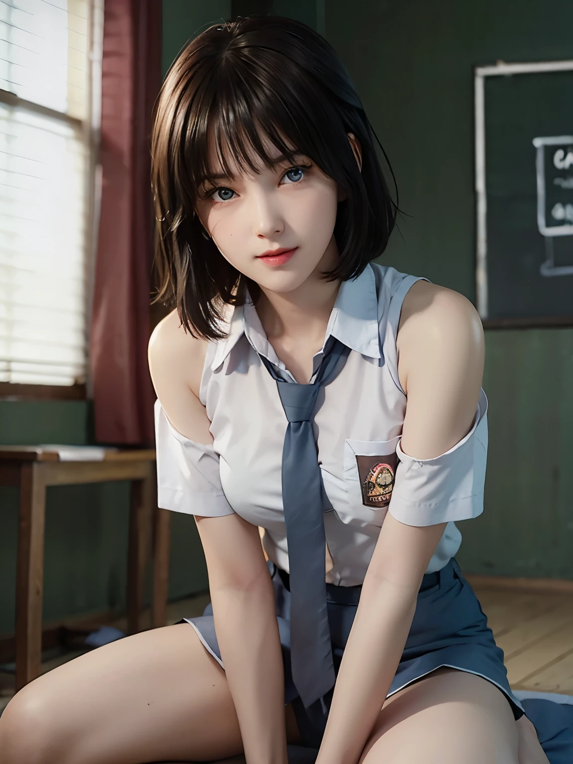 nsfw, 1girl, nude, full body, (masterpiece: 1.4), (8K, realistic, raw photo, best quality: 1.4), skirtlift, naked, school uniform, nipple areola shape clear, beautiful medium breasts, Japanese girl, beautiful cute face, (real face: 1.4), perfect pussy, beautiful hairstyle, realistic blue eyes, beautiful detail eyes, (real skin: 1.3), beautiful skin, attractive, ultra high resolution, ultra realistic, cinematic lighting, black colored hair, short hair, school
