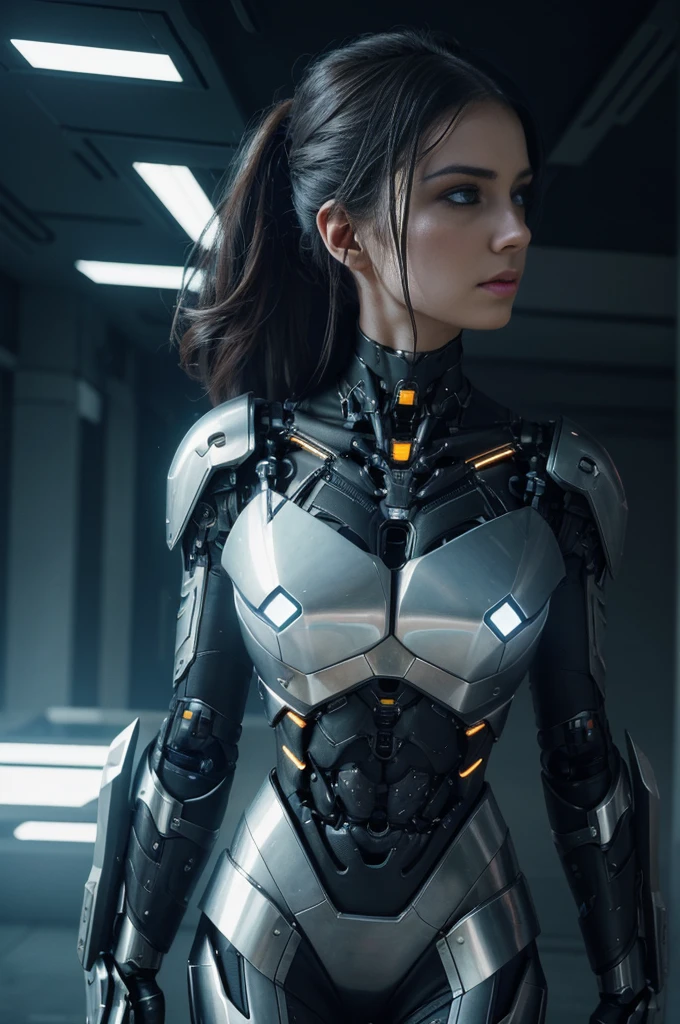 a beautiful cyborg woman, 1girl, intricate cybernetic implants, glowing circuitry, pale skin, piercing eyes, detailed face, delicate features, long dark hair, sleek futuristic armor, intricate mechanical limbs, advanced technology, cinematic lighting, dramatic shadows, moody colors, muted tones, (best quality,4k,8k,highres,masterpiece:1.2),ultra-detailed,(realistic,photorealistic,photo-realistic:1.37),cinematic composition,dramatic pose,advanced sci-fi,concept art style