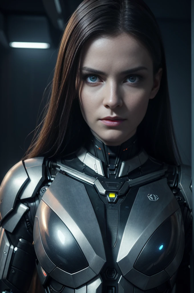 medium shot photo of sexy woman, (natlp), cyborg wearing scratched and tarnished futuristic armor in a destroyed futuristic city, fantasy, sci-fi, beautiful feminine face, seductive, sexual, mist, vivid alluring eyes, best quality masterpiece, photorealistic, detailed, 8k, HDR, shallow depth of field, broad light, high contrast, backlighting, bloom, light sparkles, chromatic aberration, sharp focus, RAW color photo