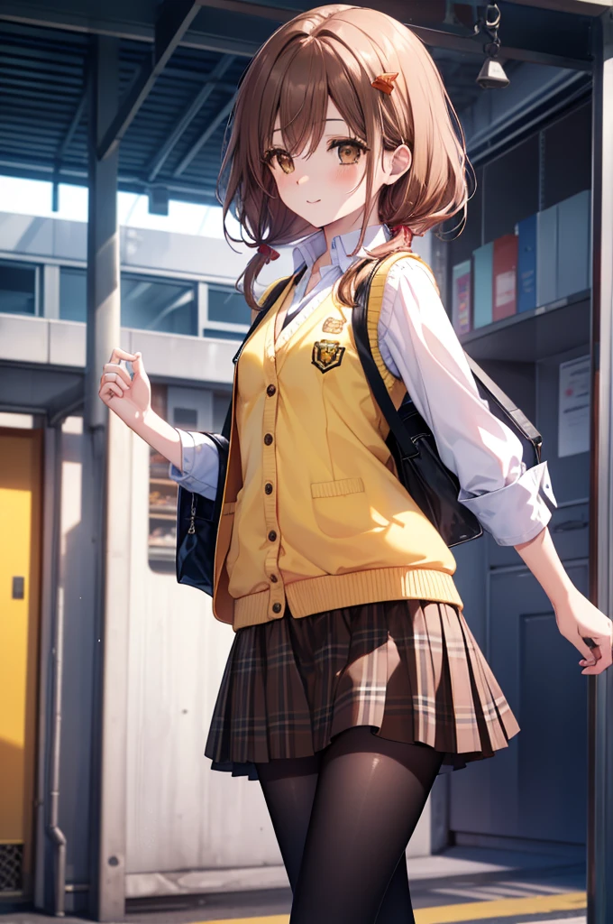 Follow Us, Yuzuriha Inori, (brown eyes:1.7), brown hair, hair ornaments, hair Scrunchie, long hair, pink Scrunchie, Scrunchie, (flat chest:1.2),smile,blush,
break green skirt, plaid, plaid skirt, sainan high school uniform, school uniform, skirt, shirt, white shirt, sweater vest, (yellow sweater vest:1.5),black pantyhose,brown loafers,walking,On the way to school,Asahi,朝
break looking at viewer, whole body,(cowboy shot:1. 5)
break outdoors, In town,building street,
break (masterpiece:1.2), highest quality, High resolution, unity 8k wallpaper, (figure:0.8), (detailed and beautiful eyes:1.6), highly detailed face, perfect lighting, Very detailed CG, (perfect hands, perfect anatomy),