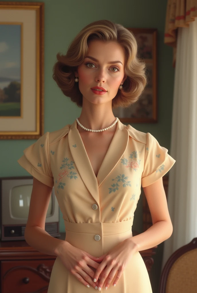 a photo of victoriaPed1 wearing a milk maid dress, (yellow floral milk maid dress), (upright pin curl hairstyle), (brown hair), (kitchen background), elegant, highly detailed. vibrant, photorealistic, realistic, sharp focus, 8k