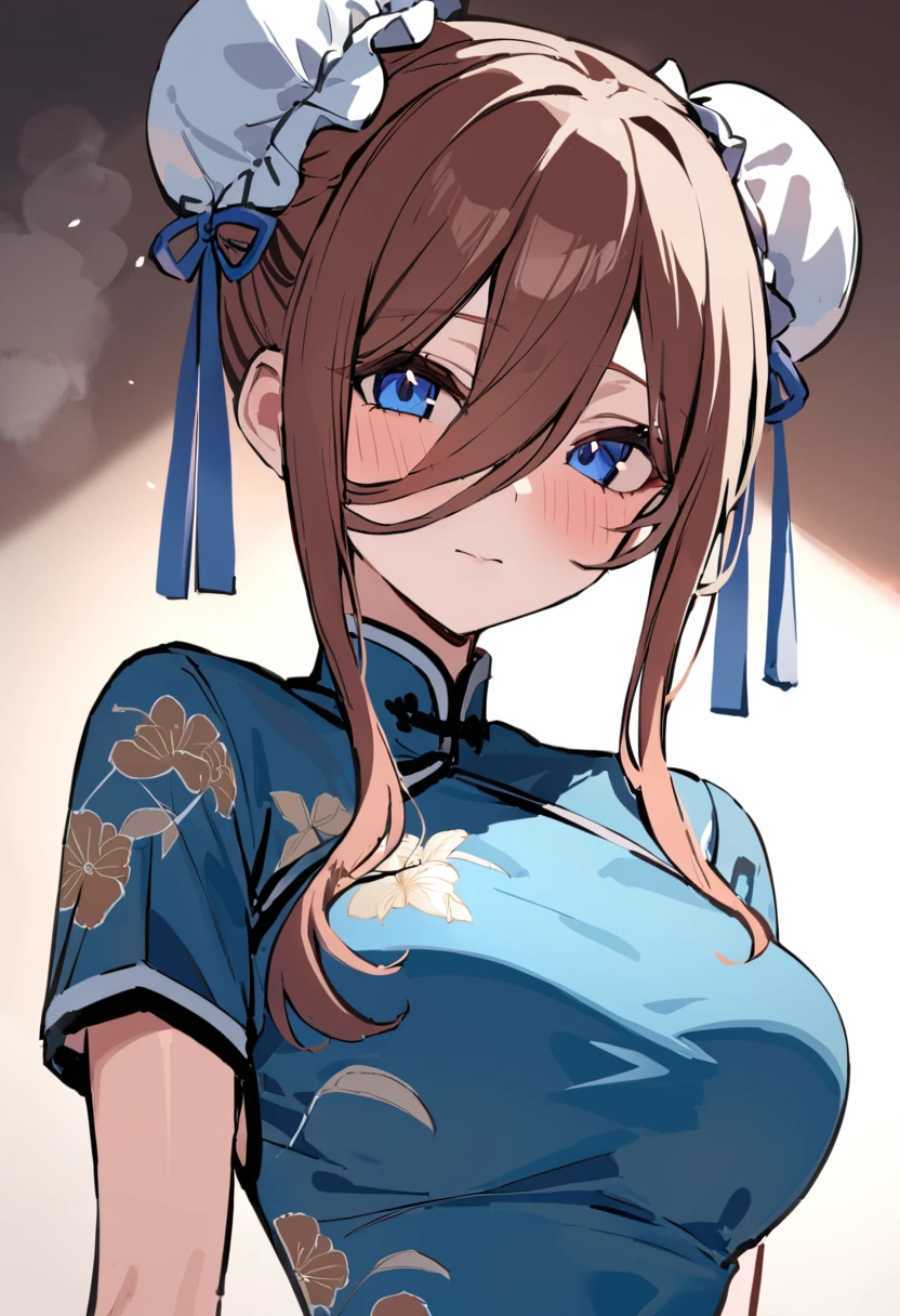 masterpiece, best qualityï¼ ï¼1girl, nakano miku, solo, double bun, china dress, bun cover, upper body, blush, floral print, closed mouth, short sleeves, looking at viewer, alternate costume, blue dress, blue ribbon