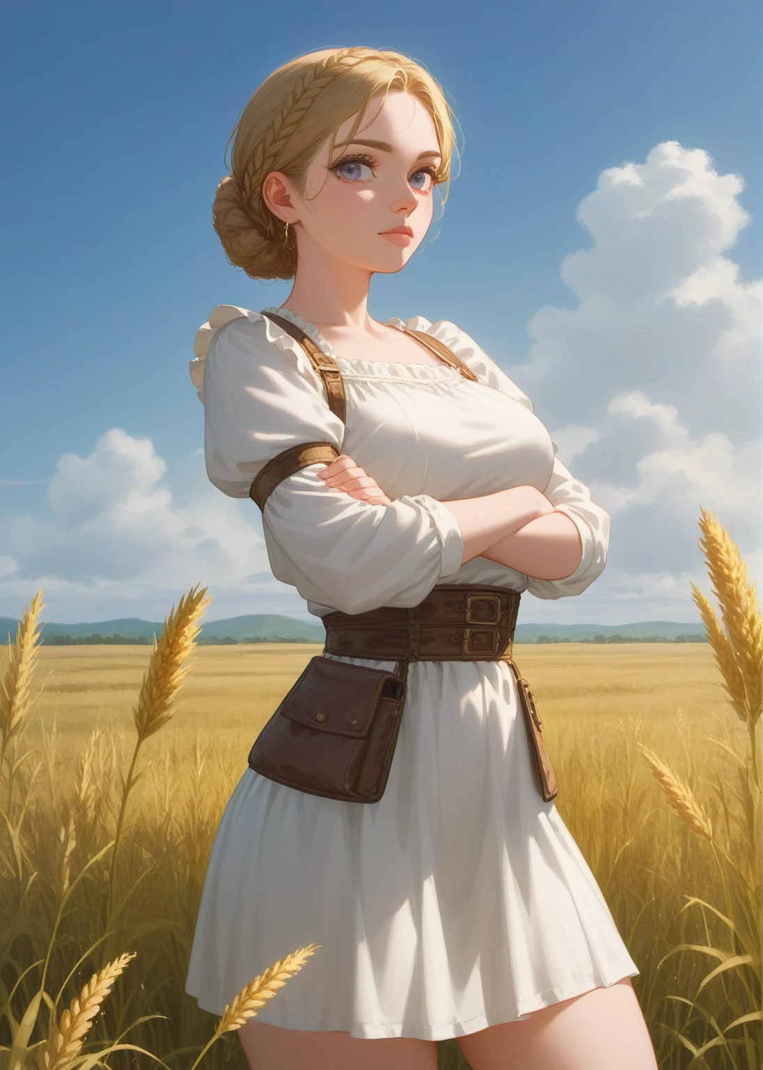 (masterpiece) (detailed) (close up) (portrait) adult female warrior roman girl, roman clothing, wheat field background, loving look:1.3, beautiful eyes, breasts, crossing arms, looking at viewer, thin waist, thick butt:1.3, legs spread:1.3, standing