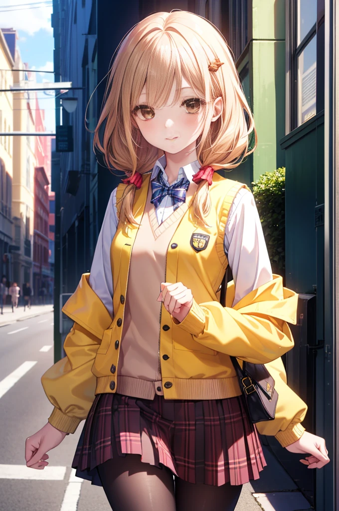 Follow Us, Yuzuriha Inori, (brown eyes:1.7), blond hair, hair ornaments, hair Scrunchie, long hair, pink Scrunchie, Scrunchie, (flat chest:1.2),smile,blush,
break green skirt, plaid, plaid skirt, sainan high school uniform, school uniform, skirt, shirt, white shirt, sweater vest, (yellow sweater vest:1.5),black pantyhose,brown loafers,walking,On the way to school,Asahi,朝
break looking at viewer, whole body,(cowboy shot:1. 5)
break outdoors, In town,building street,
break (masterpiece:1.2), highest quality, High resolution, unity 8k wallpaper, (figure:0.8), (detailed and beautiful eyes:1.6), highly detailed face, perfect lighting, Very detailed CG, (perfect hands, perfect anatomy),