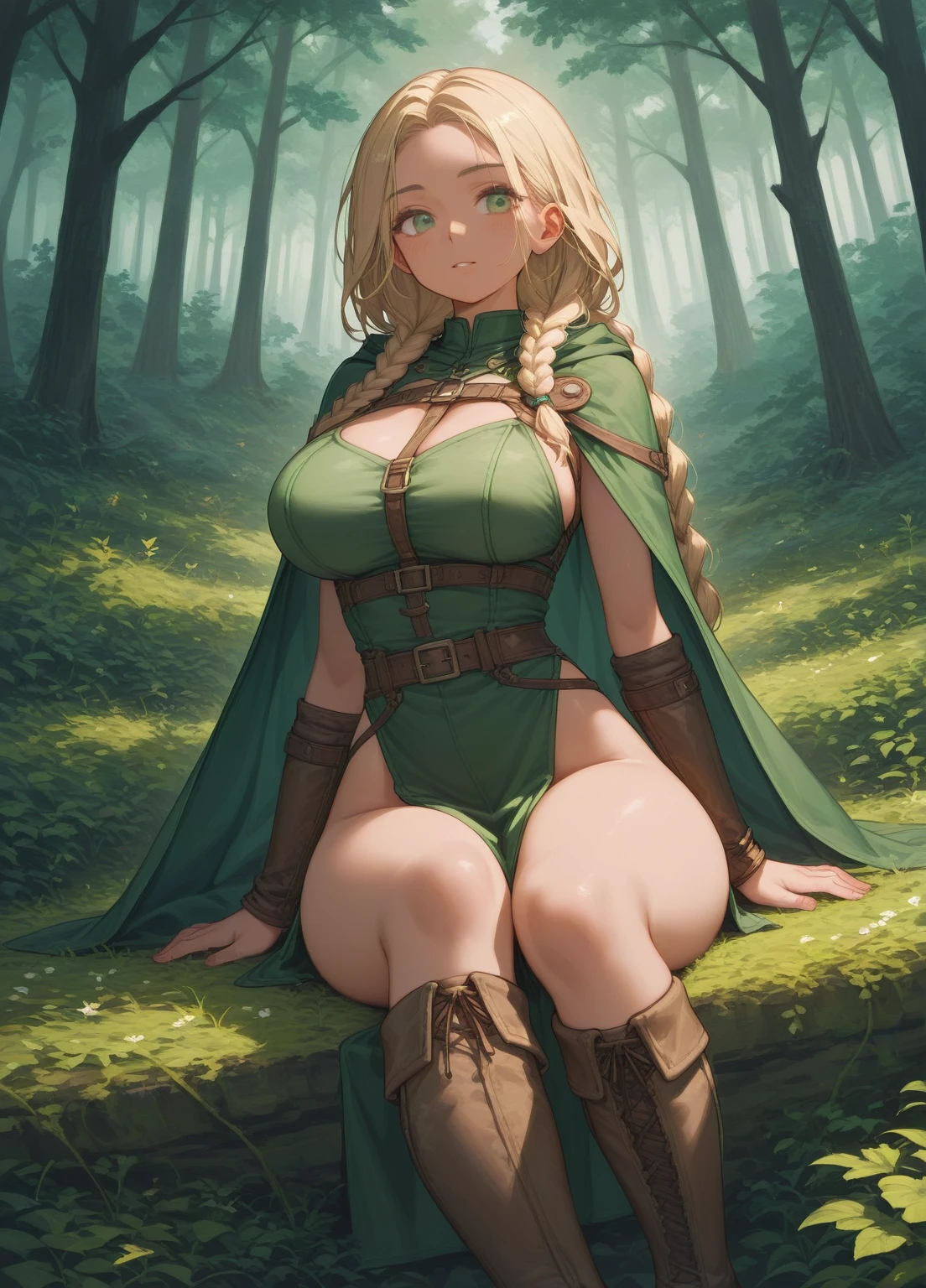 (1girl) (masterpiece) (detailed) adult female druid girl, green eyes, green clothes, tan skin, green robes, leather boots, leather straps, large breasts, thin waist, thick butt, light leather armor, cloak, old oak forest background, nighttime, torches, leaves and flowers on clothes, long braided hair, fletching arrows, sitting, concentrating