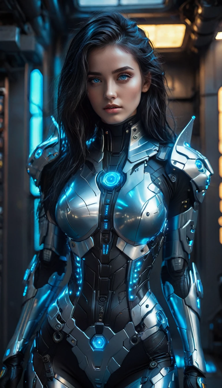 A woman wearing exoskeleton cyber armor, The armor fits snugly, Full body photo, Maximum details, Superior quality through precise drawings, 8k,chest, blue eyes, High resolution, 超High resolution, Best Quality, Shortcuts, Big chest, Cinematic Lighting Effects, Futuristic, Beautiful dark-haired woman, blue eyes, Cyberpunk style woman, ((Inside a high-tech spaceship)), High quality images、(standing:1.6),