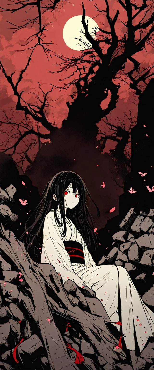 White silk kimono。Beautiful woman in the fog,Sitting on the rubble。Black Belt。to ridicule。((Flat Color)),((Calm colors))Droopy eyes。Very long black hair,Red eyes,Red tears, Dead skin。Alone。darkness。fear。Spooky atmosphere。Japan。night。cherry blossoms。full moon。Red Sky。cherry blossomsの花。Horror,Chiaroscuro,look up。