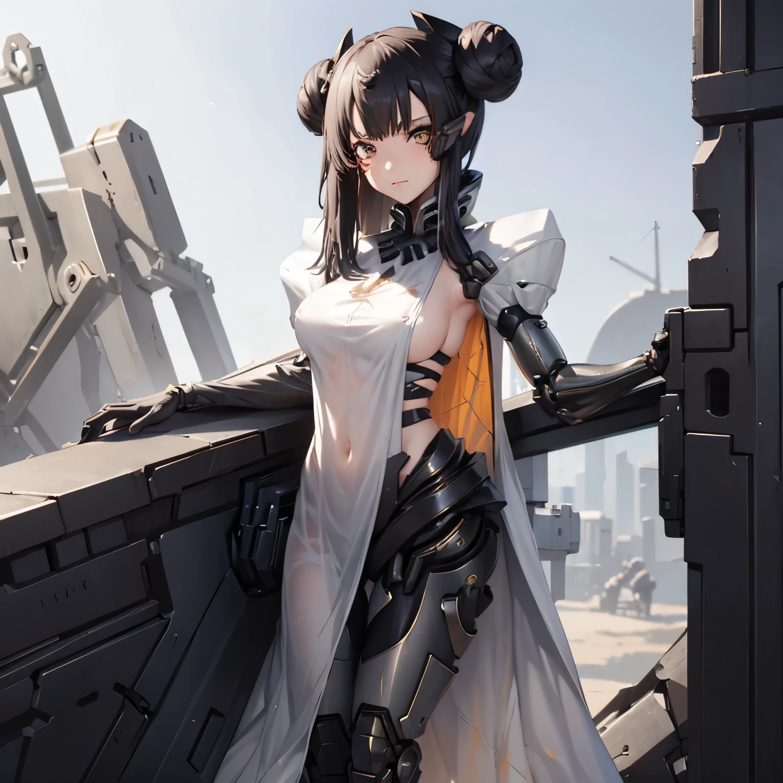 (insanely detailed, beautiful detailed face, masterpiece, best quality), ((masterpiece)),((best quality)),(highres), bokeh, looking at viewer, solo, 1girl, cowboy shot, Nitorization, white dress, mechanical arms, mechanical legs, sideboob, facial mark, eyepatch, ((AgentNormal, double bun)), maid, sangvis ferri, yellow eyes, black hair, (((full body)))