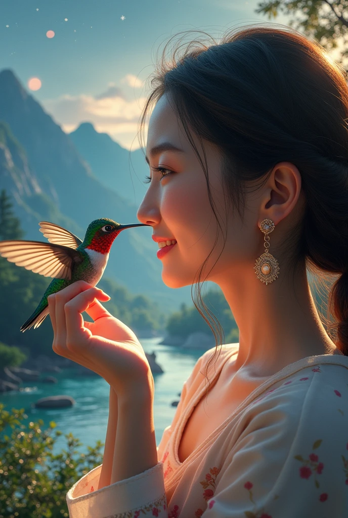 1 beautiful naked asian girl and a hummingbird kissing her cheek ((Upper part of the body selfie, happy)), masterpiece, Best Quality, ultra detailed, floor, exterior, (evening), mountains, nature, (stars, officer) happy, happy, forest, stones, river, wood, smoke, darkness, contrast, clear sky, style, (warm tone, warm tone): 1.2), close up, cinematic light, side lighting, ultra high resolution, best shadow, raw, Upper part of the body, realistic style