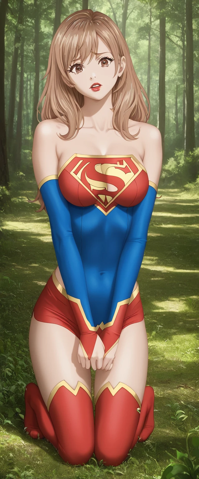 1female，45 yers old，Married woman，熟妇，Large breasts，long leges，big chest and thin waist， photo exposure， 独奏，（Background with：at a forest，the rainforest，in summer） She has long blonde hair，Redlip，The stands up，seen from the front， curlies， The sky is mostly cloudy，（（（tmasterpiece），（Very detailed CG unified 8k wallpaper），Best quality，电影灯光，detailed back ground，beautidful eyes，Bright pupils，（very delicate beautiful），（Beautiful and detailed eyes description），ultra - detailed，tmasterpiece，）），facing at the camera，A high resolution，ultra - detailed），Expose breasts exposed，Bare genitals， convex，Camel toes，Raised sexy，Supergirl（dressed in：，White transparent shirt，Black Jumpsuit）Superman uniform