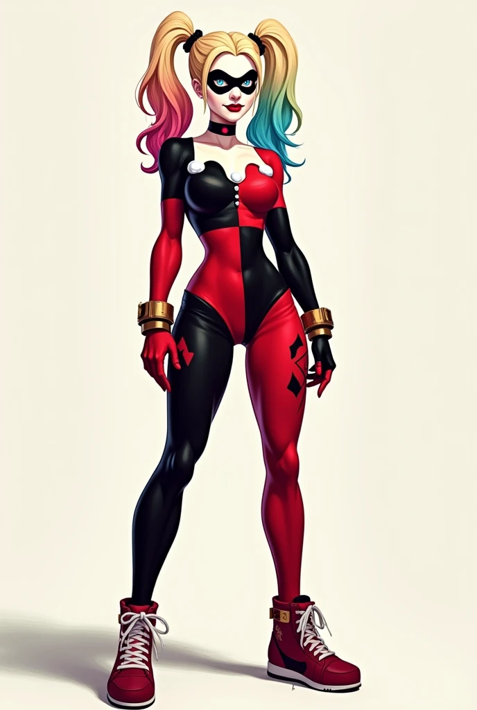 Harley Quinn from DC, big breasts, frontal, full-length, looking at the camera, facing the audience, standing pose, simple background, three-dimensional light, detailed full-body concept, sleek digital concept art, beautiful full-body concept art, art trend, CGsociety full-length,
