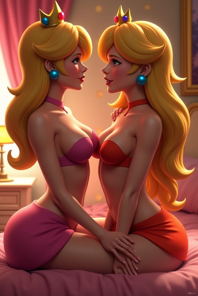 Princess Peach in pink lingerie, Rosalina in turquoise lingerie, opening your legs, big breasts, their flushed faces, touching the other's face