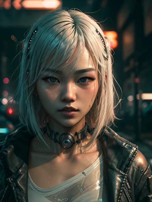 cyberpunk landscape, ultra-realistic, cinematic lighting, ultra-detailed, detailed gorgeous face, beautiful asian girl, oiled skin, medium-length white hair,NeonNoir