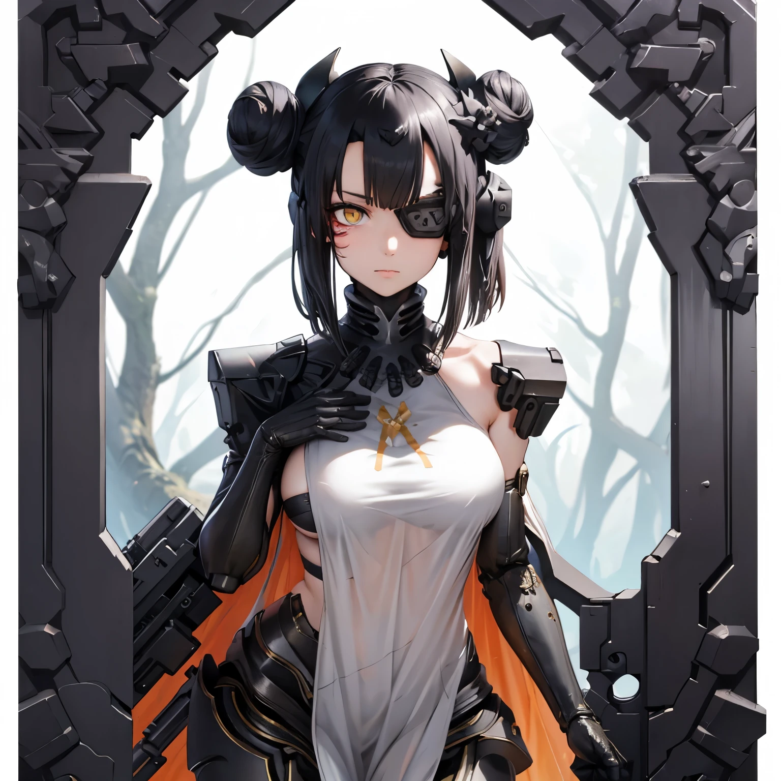 (insanely detailed, beautiful detailed face, masterpiece, best quality), ((masterpiece)),((best quality)),(highres), bokeh, looking at viewer, solo, 1girl, cowboy shot, Nitorization, white dress, mechanical arms, mechanical legs, sideboob, facial mark, eyepatch, ((AgentNormal, double bun)), maid, sangvis ferri, yellow eyes, black hair, short hair, maid headdress