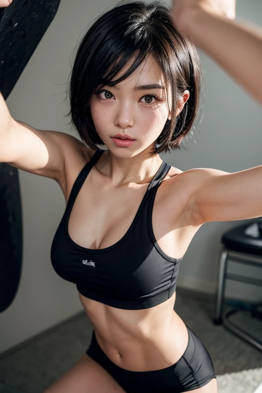 8K， RAW photos，high qualitt， PhotoRealistic，natrual light, Fill in the face， total body，20岁女人， black color hair，Curly Hair, Black eyes， Small Head， Perfect chest shape， chest close-up,Beautifully Drawn Eyes， Real face， Real skin， textured skin，yoga pant,Tease the,inticate