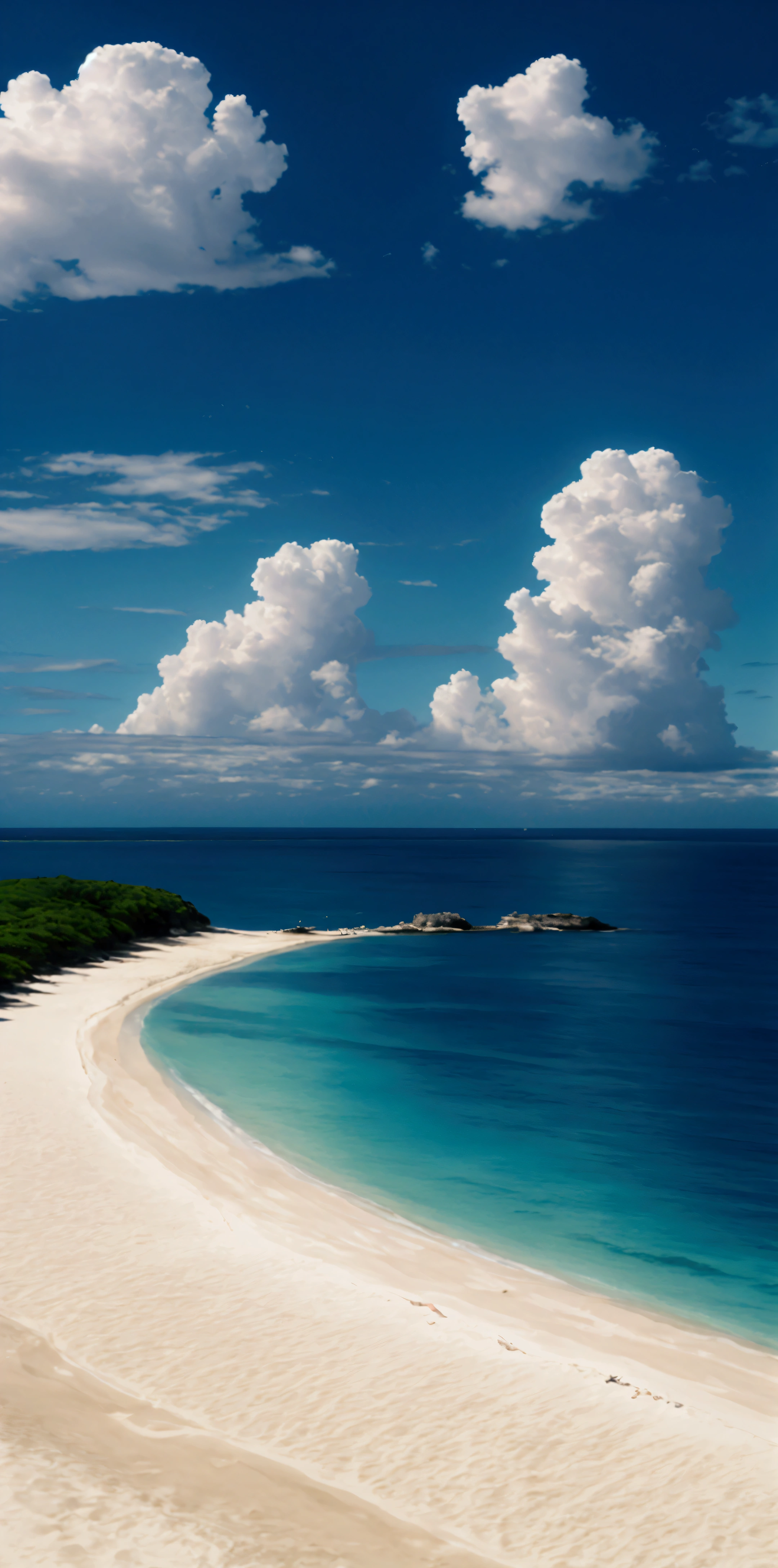 masterpiece, best quality, ultra-detailed, high resolution,High quality, high definition images, full HD, 8k,anime style, summer,Blue Sky、Blue Sea、White sand beach,The image is of the white sand beaches of Okinawa