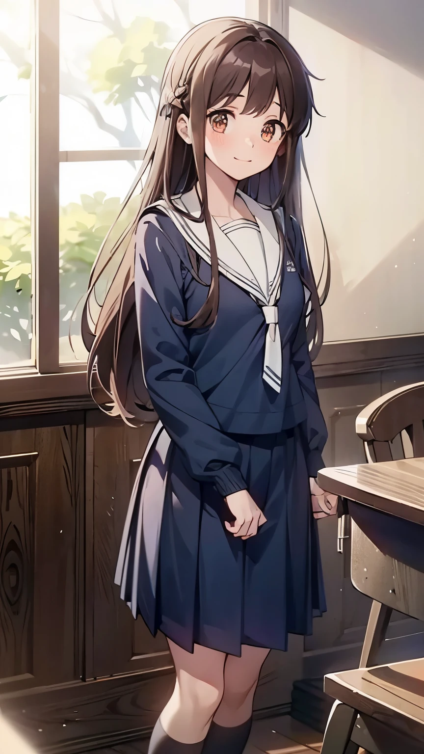 { 4k wallpaper : illustration : beautiful detailed eyes : extremely detailed face : perfect lighting : extremely detailed CG } {  }{ horror gloomy atmosphere} { dark horror theme } { retro_anime_filter } { in_classroom }  { 1girl : Tohru_Honda : cute_face : ****con : brown_hair  : Perfectly_small_shaped_breast : Perfectly_fit_body :  short_body : innocent_smile: school_uniform } { standing }