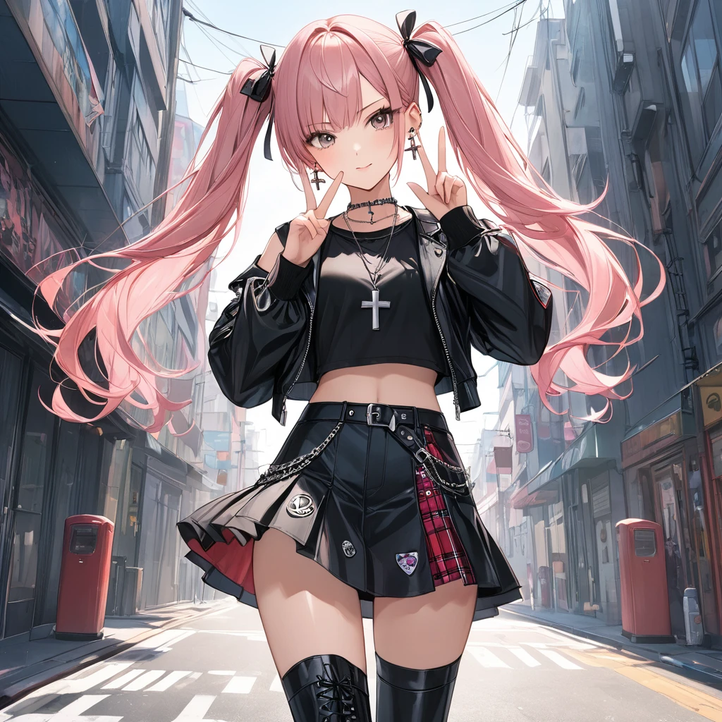 (finely detailed beautiful eyes and detailed face,masterpiece sidelighting,masterpiece,best quality,detailed,high resolution illustration),
(urban techwear, fantasy background, village),
(1girl,whole body,bishoujo,lustrous skin,looking down,looking at viewer),
(pink hair,blue eyes,short skirt,ribbon,button shirt)