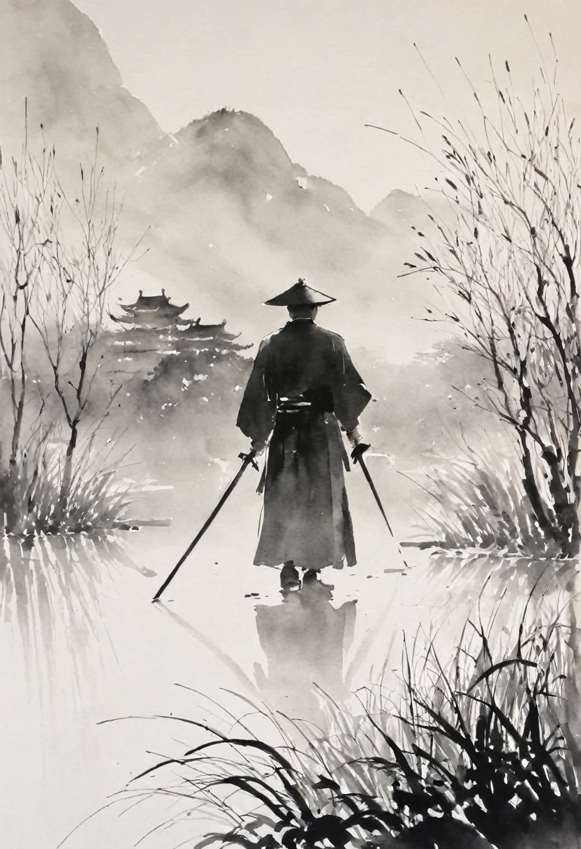 elderly，man，Black and white painting，Outline with black ink，Smooth lines，通过墨迹的浓淡对比展现man的表情和姿态，Minimalist Background，Emphasize light, Shadows and Space，Lots of white space，Use thick and thin inks to create light and dark variations and gradations，Choose the right ink color，Such as deep black、Thick ash、Light coffee, ETC，Express different situations and atmospheres，Control the gradient and transition of ink color through the wetness and viscosity of ink，Black and white tones， 中国传统Ink Painting, Traditional Chinese Art, Ink Painting, 中国Ink Painting, Chinese painting style