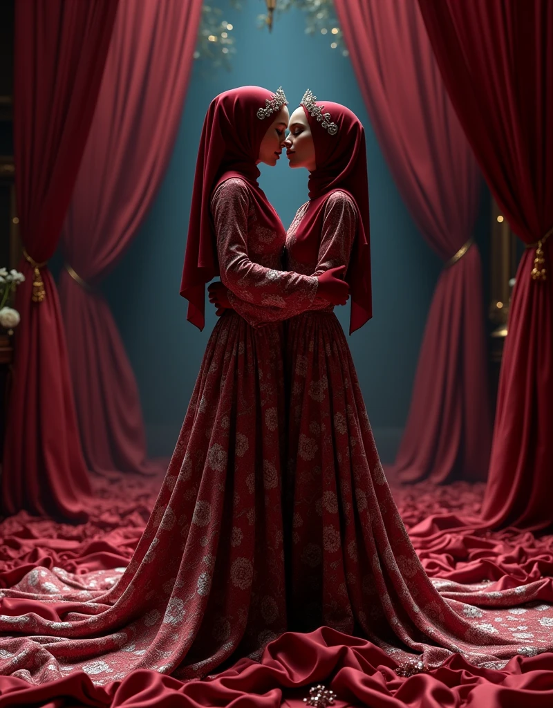 Two woman in the translucent night gown, half naked, nipple on, shibari,tied with red satin rope,wearing satin hijab, full body,mermaid tight long gown, flowy dramatic long gown,very long flor length gown, tall women, sexy face, sexy pose, wear high heels, masterpice