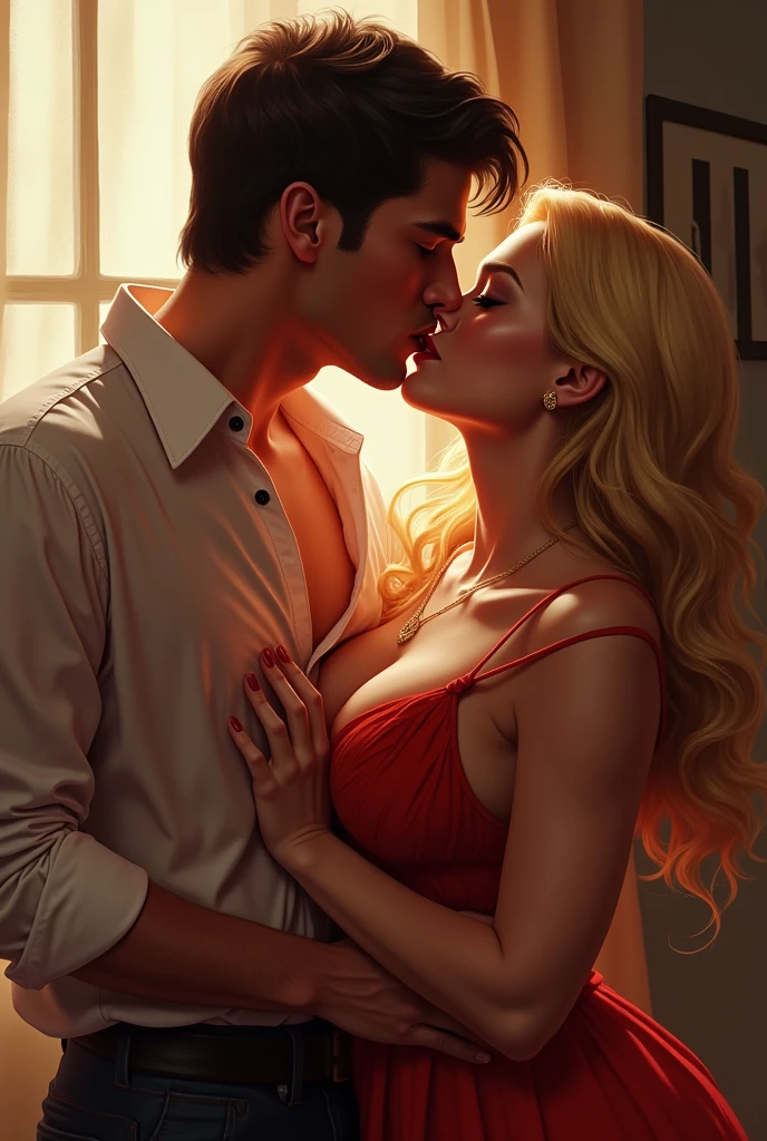 A hyper realistic photo in cyberpunk style with vivid and attractive colors, A blonde woman with a sexy and defined body accompanied by her husband and her lover, The three have an air of passion for the situation and enjoy provoking, She is very excited and her breasts are showing., A digital painting style image, sharp focus, illustration art by greg rutkowski, nsfw.