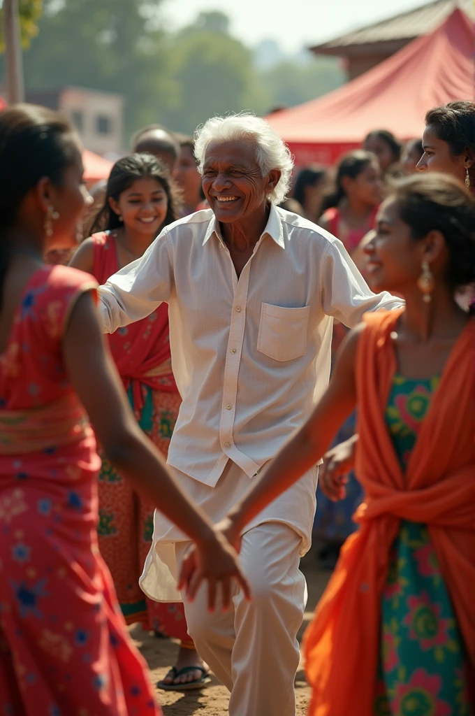 Old poor man playing cricket with small girls