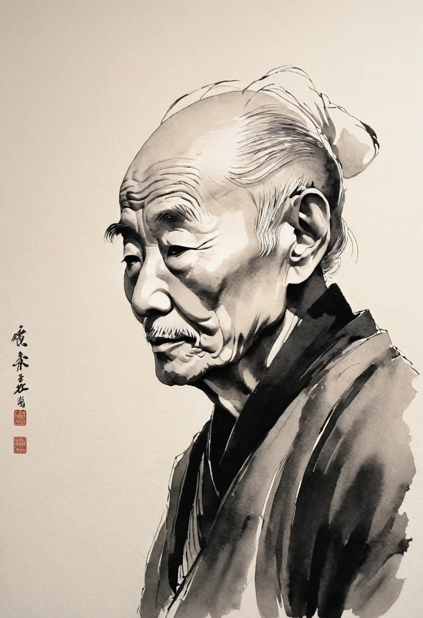 an elderly man, black and white ink sketch, smooth flowing lines, expressive facial features and poses through varying ink density, minimalist background, emphasis on lighting, shadows, and negative space, dark black, deep grey, light brown ink colors, chinese traditional ink wash painting, chinese traditional art, ink wash painting, chinese painting style