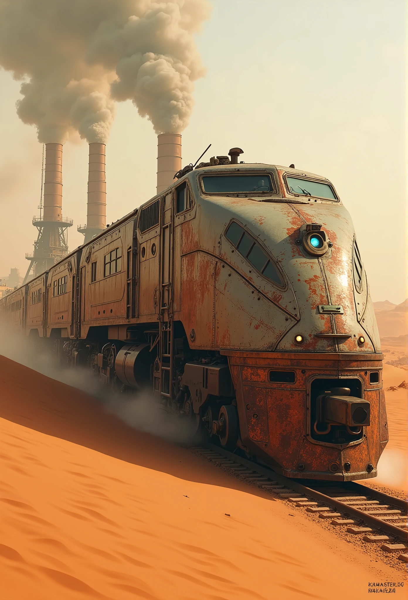 imagem diagonal de um trem moderno enferrujado e ultra futurista de dois andares e de metal industrial atravessando o deserto do sahara, post apocalyptic environment, the train passes through a destroyed industrial area with tall metal towers belching smoke 