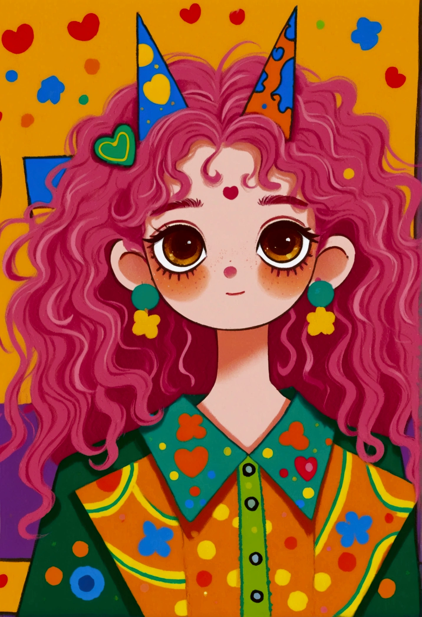 1 Girl, Pink curly hair, Decorated with orange and green horn hair accessories. The character wears a green shirt with an orange triangle pattern，Wearing star-shaped earrings. The background color is bright，Yellow-orange theme, Featuring red hearts, A blue square, and a blue crescent moon. The overall atmosphere is lively and wonderful, With pop art style elements. 